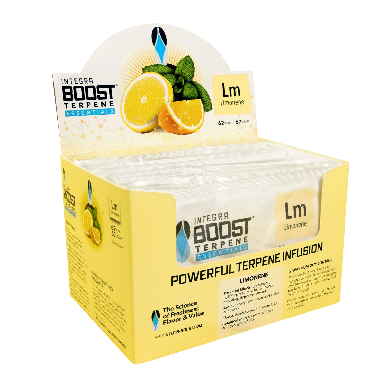 Integra BOOST® Terpene Essentials 67g | Limonene | 62% RH | Box of 12 | 2-Way Humidity Control + Terpene Infusion
