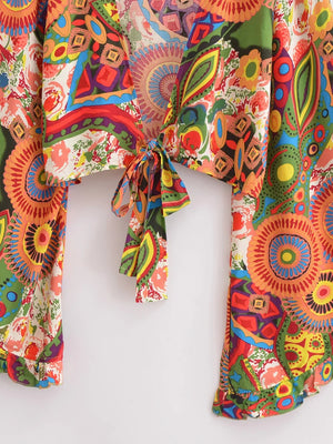 Hippie Floral Kimono Cover-Up | Short Rayon Beach Wrap with Flare Sleeves | Boho Bikini Cover | S–L