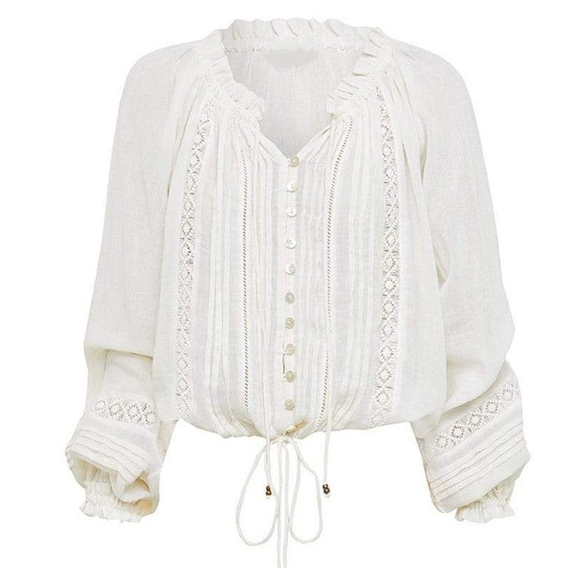 White Women's Bohemian Long Lantern Sleeved V-Neck Top | S-L