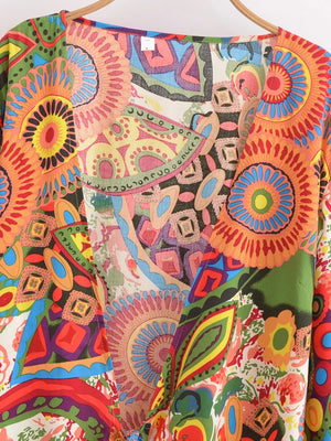 Hippie Floral Kimono Cover-Up | Short Rayon Beach Wrap with Flare Sleeves | Boho Bikini Cover | S–L