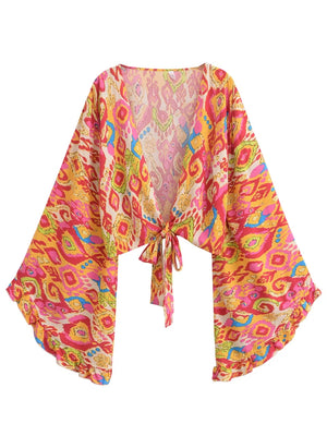 Hippie Floral Kimono Cover-Up | Short Rayon Beach Wrap with Flare Sleeves | Boho Bikini Cover | S–L