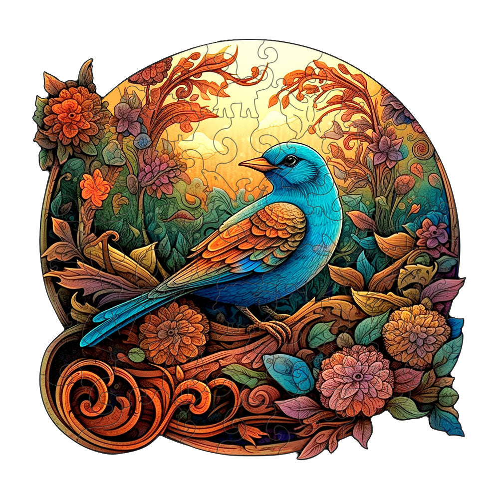 Colorful Bluebird Round Wooden Puzzle | Intricate Floral Art Design | L-Paper Box | H185