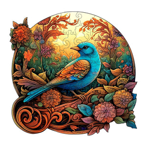 Colorful Bluebird Round Wooden Puzzle | Intricate Floral Art Design | L-Paper Box | H185